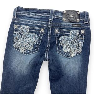 Miss Me Fleur De Lis Skinny Jeans Dark Wash Bling Pockets Gem Studded Size 28
